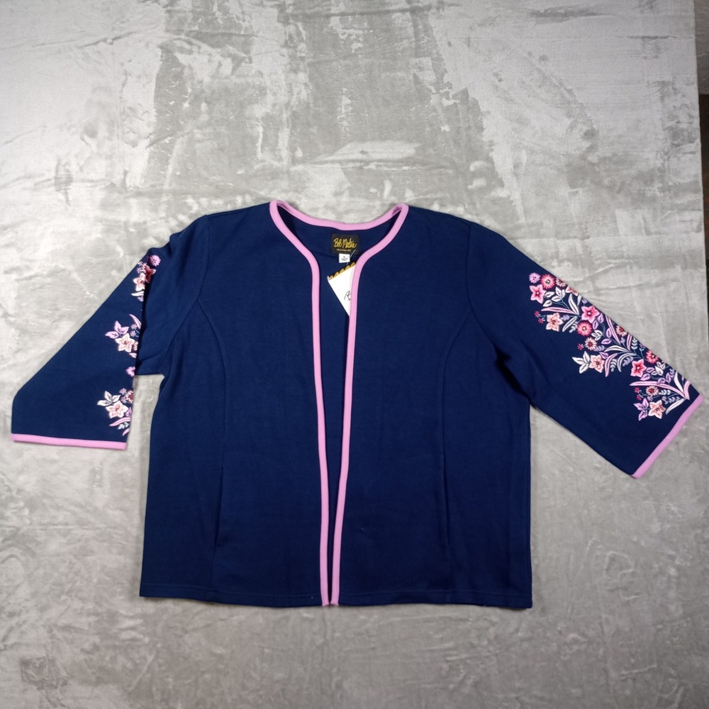 Bob Mackie Wearable Art Cardigan Womens XL Blue Pink Floral Embroidered Artsy